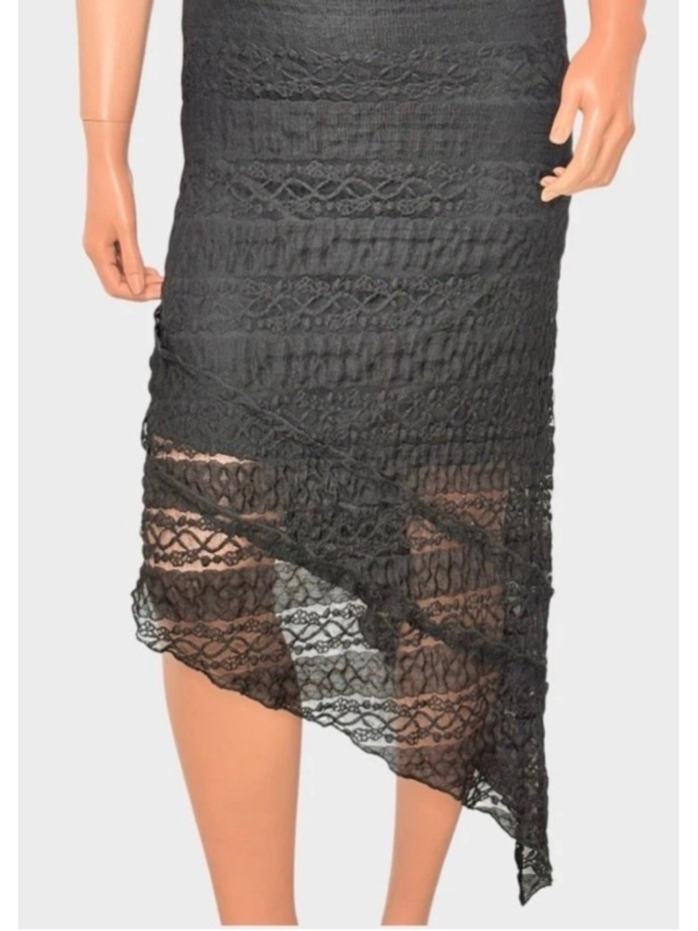 90s Deadstock Black Lace Mesh Midi Dress Asymmetrical Hanky Hem M Fairy Grunge - Picture 3 of 13